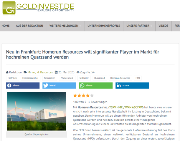 Neu in Frankfurt: Homerun Resources will signifi...